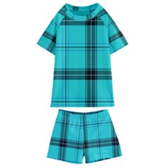 Aqua Plaid Kids  Swim Tee And Shorts Set