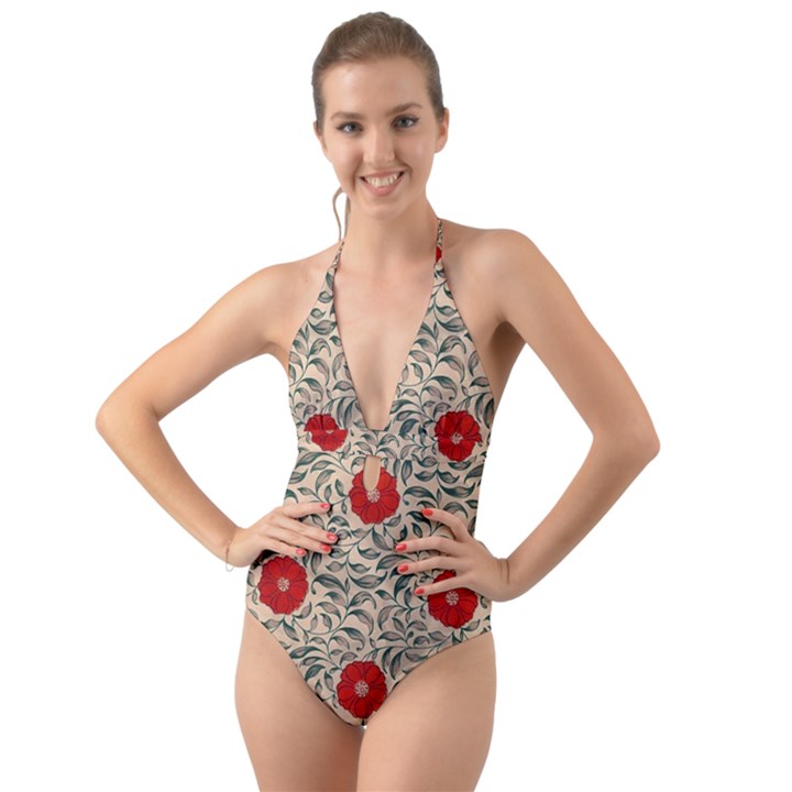 Papanese Floral Red Halter Cut-Out One Piece Swimsuit