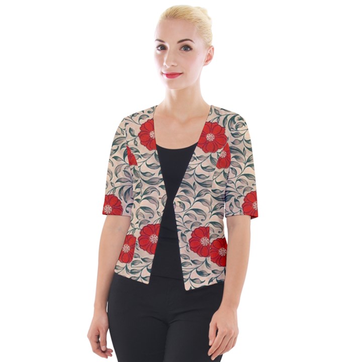 Papanese Floral Red Cropped Button Cardigan