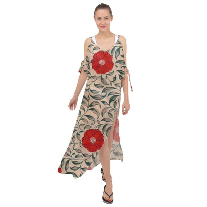 Papanese Floral Red Maxi Chiffon Cover Up Dress