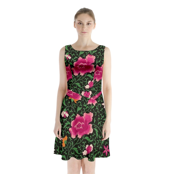 Pink Japan Floral Sleeveless Waist Tie Chiffon Dress