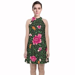 Pink Japan Floral Velvet Halter Neckline Dress  by snowwhitegirl