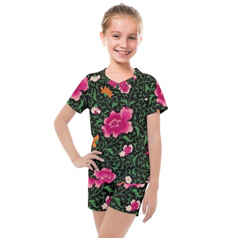 Pink Japan Floral Kids  Mesh Tee And Shorts Set by snowwhitegirl