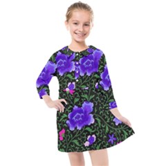 Blue  Japan Floral Kids  Quarter Sleeve Shirt Dress