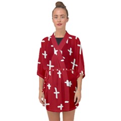 Red White Cross Half Sleeve Chiffon Kimono