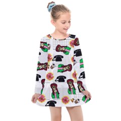 Office Girl Pattern Kids  Long Sleeve Dress