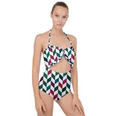 Zigzag Chevron Pattern Green Red Scallop Top Cut Out Swimsuit by snowwhitegirl