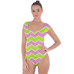 Zigzag Chevron Pattern Green Pink Short Sleeve Leotard  by snowwhitegirl