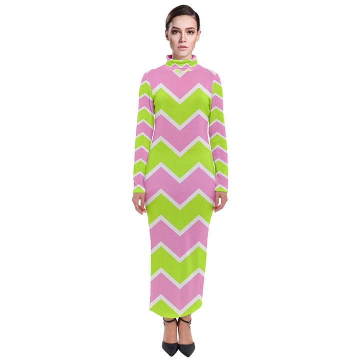 Zigzag Chevron Pattern Green Pink Turtleneck Maxi Dress