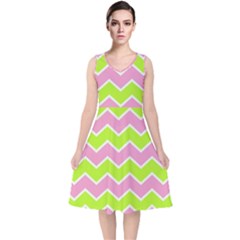 Zigzag Chevron Pattern Green Pink V-neck Midi Sleeveless Dress  by snowwhitegirl