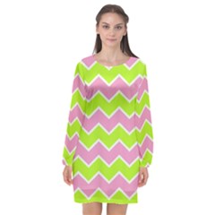 Zigzag Chevron Pattern Green Pink Long Sleeve Chiffon Shift Dress  by snowwhitegirl