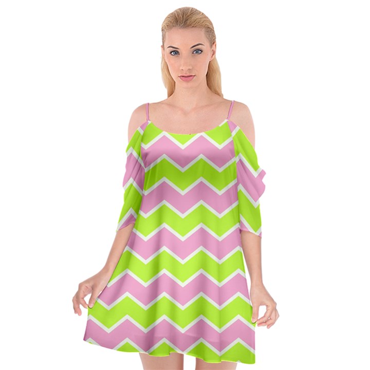 Zigzag Chevron Pattern Green Pink Cutout Spaghetti Strap Chiffon Dress