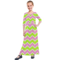 Zigzag Chevron Pattern Green Pink Kids  Quarter Sleeve Maxi Dress