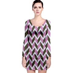 Zigzag Chevron Pattern Pink Brown Long Sleeve Bodycon Dress by snowwhitegirl