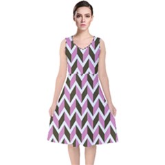 Zigzag Chevron Pattern Pink Brown V-neck Midi Sleeveless Dress  by snowwhitegirl