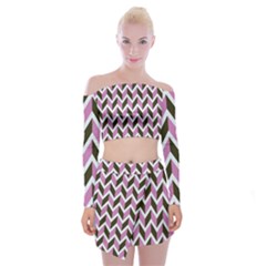 Zigzag Chevron Pattern Pink Brown Off Shoulder Top With Mini Skirt Set by snowwhitegirl