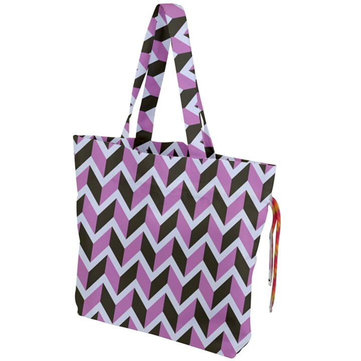 Zigzag Chevron Pattern Pink Brown Drawstring Tote Bag