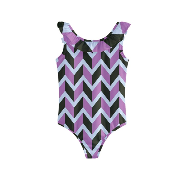 Zigzag Chevron Pattern Pink Brown Kids  Frill Swimsuit