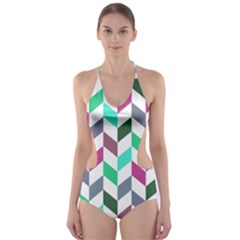 Zigzag Chevron Pattern Aqua Purple Cut-out One Piece Swimsuit by snowwhitegirl