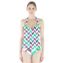 Zigzag Chevron Pattern Aqua Purple Halter Swimsuit by snowwhitegirl