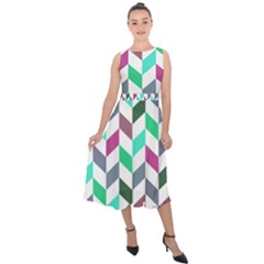 Zigzag Chevron Pattern Aqua Purple Midi Tie-back Chiffon Dress