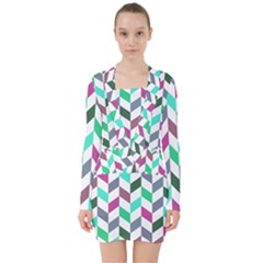 Zigzag Chevron Pattern Aqua Purple V-neck Bodycon Long Sleeve Dress by snowwhitegirl