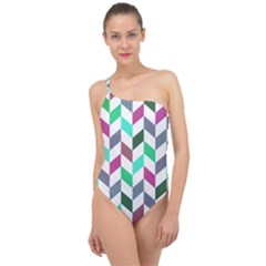 Zigzag Chevron Pattern Aqua Purple Classic One Shoulder Swimsuit by snowwhitegirl