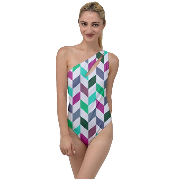 Zigzag Chevron Pattern Aqua Purple To One Side Swimsuit