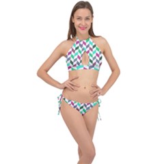 Zigzag Chevron Pattern Aqua Purple Cross Front Halter Bikini Set