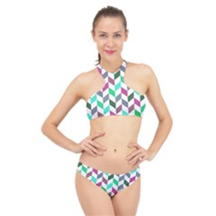 Zigzag Chevron Pattern Aqua Purple High Neck Bikini Set by snowwhitegirl