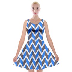 Zigzag Chevron Pattern Blue Grey Velvet Skater Dress by snowwhitegirl