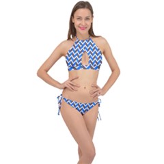 Zigzag Chevron Pattern Blue Grey Cross Front Halter Bikini Set