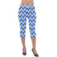 Zigzag Chevron Pattern Blue Grey Lightweight Velour Capri Leggings 