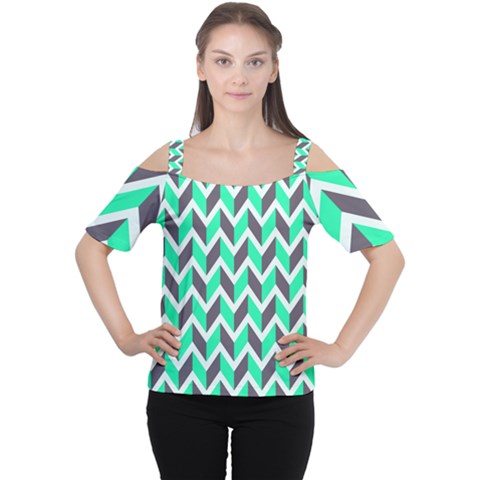 Zigzag Chevron Pattern Green Grey Cutout Shoulder Tee by snowwhitegirl