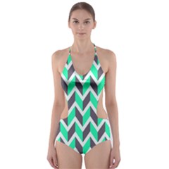 Zigzag Chevron Pattern Green Grey Cut-out One Piece Swimsuit by snowwhitegirl