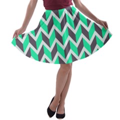 Zigzag Chevron Pattern Green Grey A-line Skater Skirt by snowwhitegirl