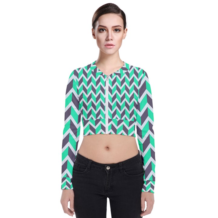 Zigzag Chevron Pattern Green Grey Zip Up Bomber Jacket