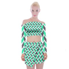 Zigzag Chevron Pattern Green Grey Off Shoulder Top With Mini Skirt Set by snowwhitegirl