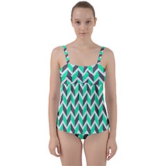 Zigzag Chevron Pattern Green Grey Twist Front Tankini Set by snowwhitegirl