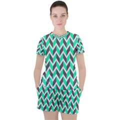 Zigzag Chevron Pattern Green Grey Women s Tee And Shorts Set