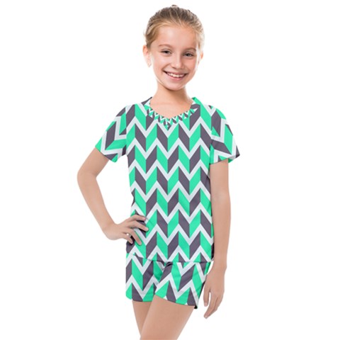 Zigzag Chevron Pattern Green Grey Kids  Mesh Tee And Shorts Set by snowwhitegirl