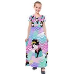 Japanese Abstract Kids  Short Sleeve Maxi Dress