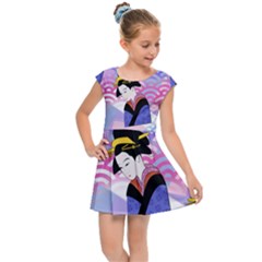 Japanese Abstract Blue Kids Cap Sleeve Dress