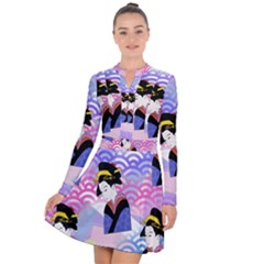 Japanese Abstract Blue Long Sleeve Panel Dress