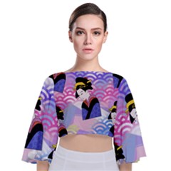 Japanese Abstract Blue Tie Back Butterfly Sleeve Chiffon Top by snowwhitegirl