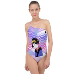 Japanese Abstract Blue Classic One Shoulder Swimsuit