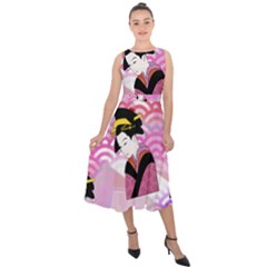 Japanese Abstract Pink Midi Tie-back Chiffon Dress