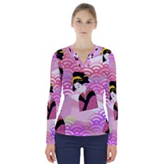 Japanese Abstract Pink V-neck Long Sleeve Top by snowwhitegirl