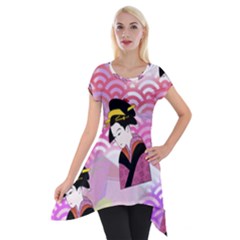 Japanese Abstract Pink Short Sleeve Side Drop Tunic