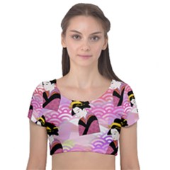 Japanese Abstract Pink Velvet Short Sleeve Crop Top  by snowwhitegirl